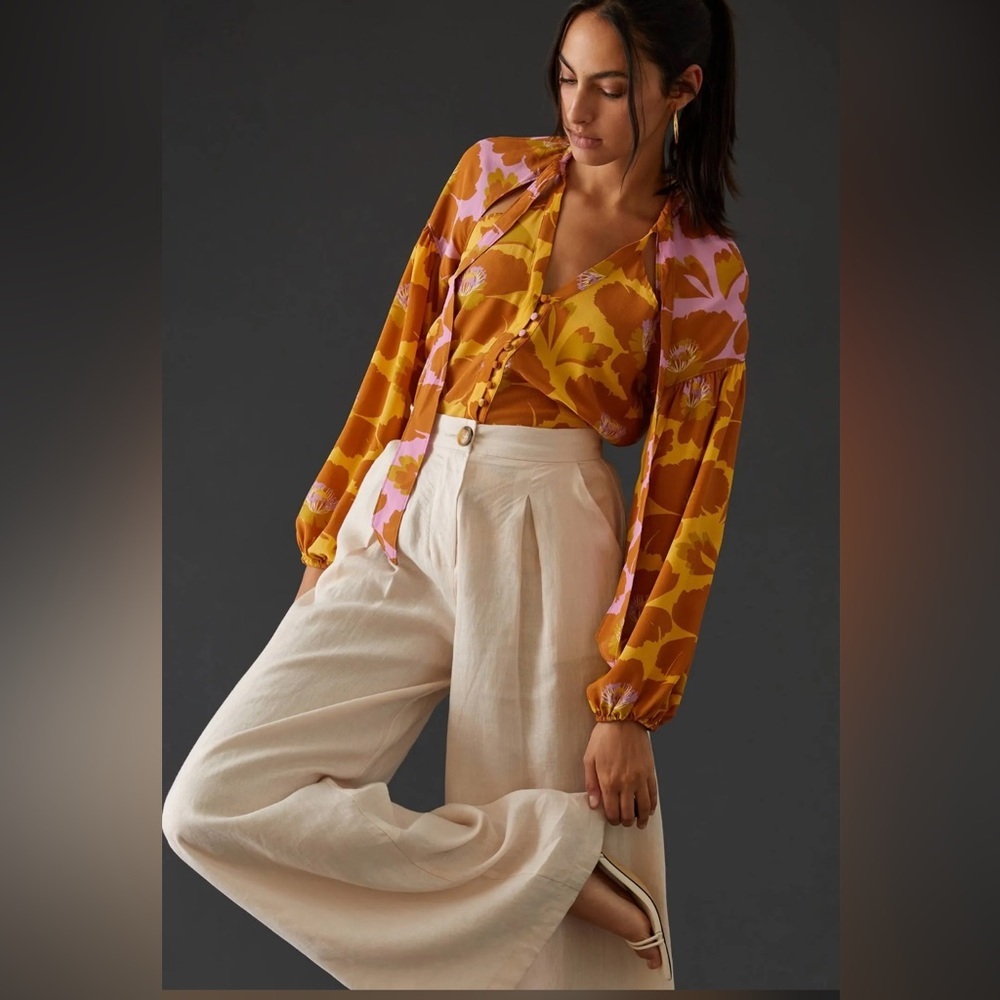 Anthropologie Maeve Floral Print Silk Tie Neck Blouse Yellow Pink Size Small